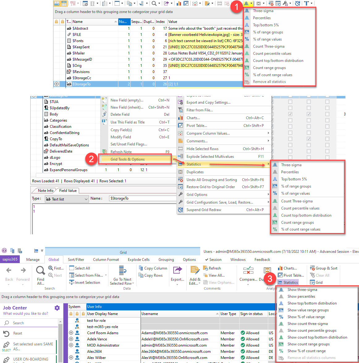 These columns are added through from the grid menu (EZ Suite products) (1), from the right-click menu (2) or from the Global tab of the ribbon (sapio365) (3)