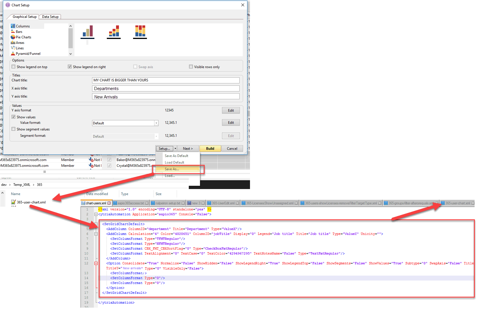 Copy and paste the content of a chart setup XML file generated by the chart setup dialog into your own script