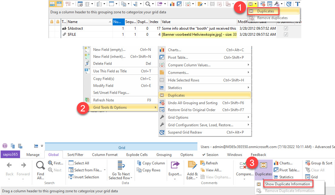 Duplicate information can be added to the grid from the grid menu in EZ Suite products (1), from the right-click menu (2) or from the Global tab in the sapio365 ribbon (3)